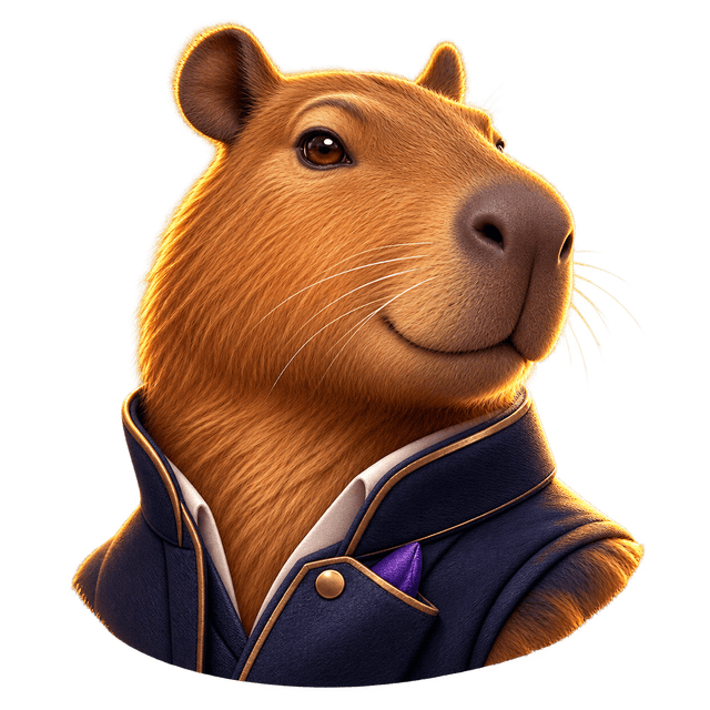 Capyroo, a friendly capybara in a navy jacket with gold trim, looking up and smiling